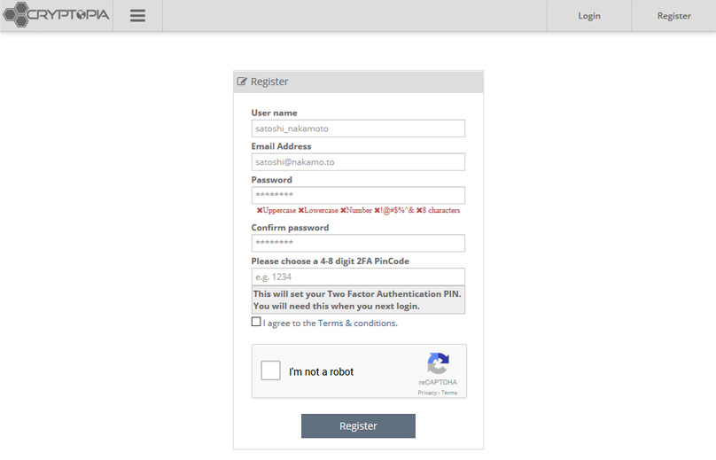 Registrazione a Cryptopia