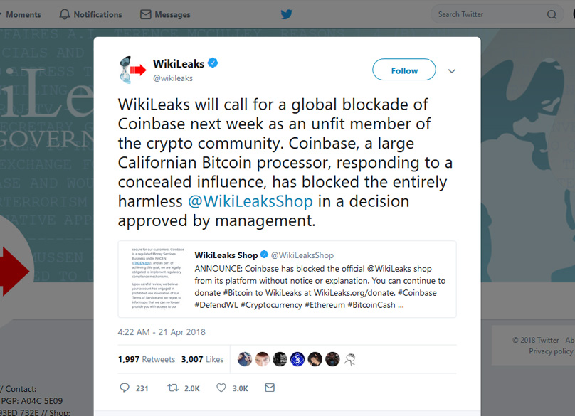 Prohibición de Coinbase Wikileaks